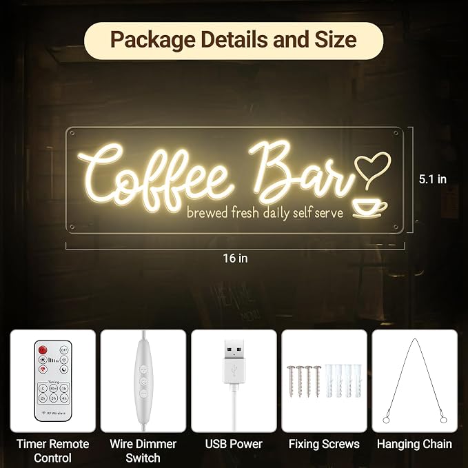 Coffee Bar Neon Sign with Timer Remote Dimmer, Warm White LED Coffee Light - Image 7