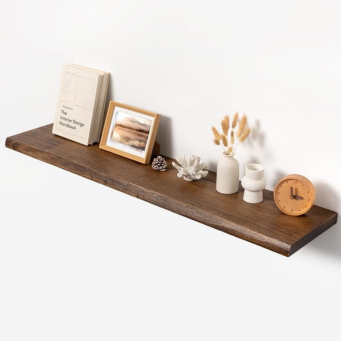 48" Solid Elm Wood Floating Shelf, 9.3" Deep 1.4" Thick Live Edge Wall Shelf by Unknown