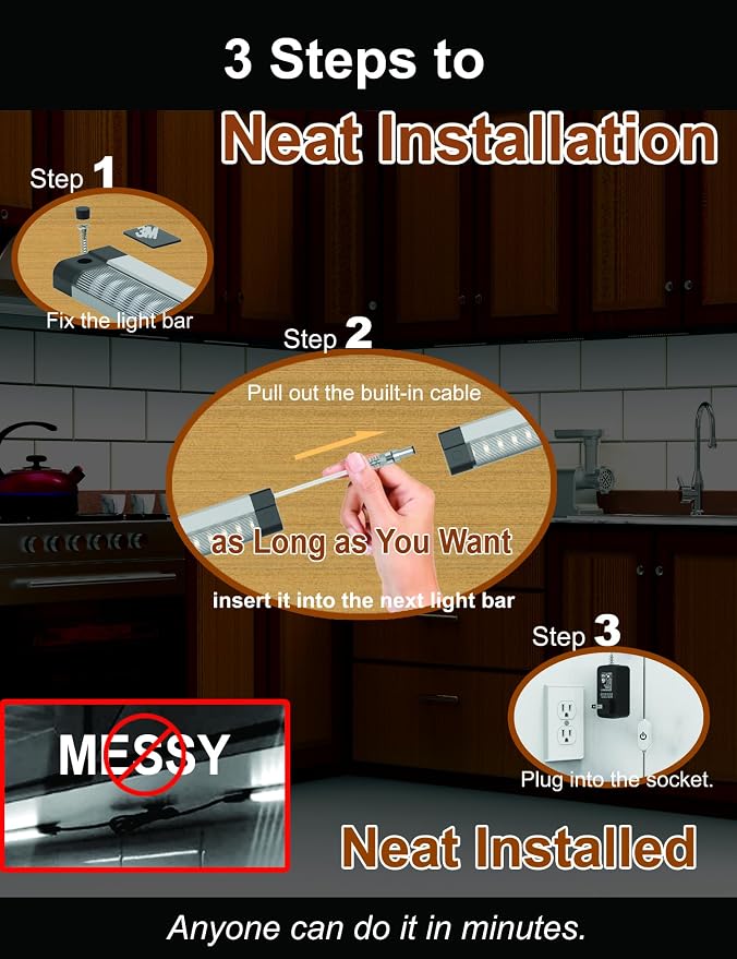 EBD Under Cabinet Lighting Plug in 3 Pcs 12 Inch, Dimmable No Messy Wires - Image 2