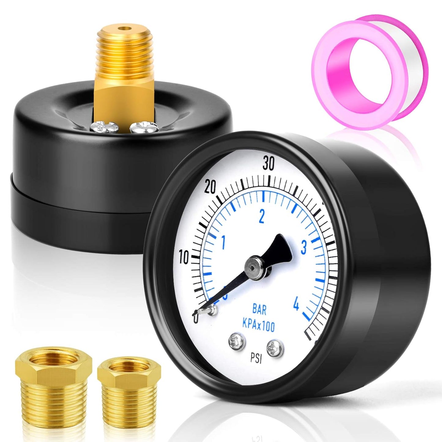 MEANLIN MEASURE 0-60Psi 2" DIAL FACE 1/4" NPT Well Pump Pressure Gauge, with 1/2" NPT and 3/8" NPT Hex Bushing, Pool Sand Filter WOG Water Oil Air Pressure Test, Center Back Mount
