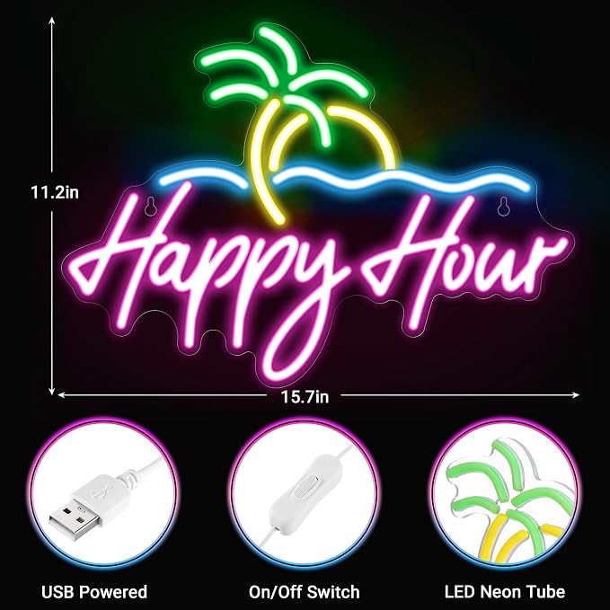 Kavaas Happy Hour Neon Sign 15.7" x 11.2", Palm Tree Neon Bar Signs - Image 3