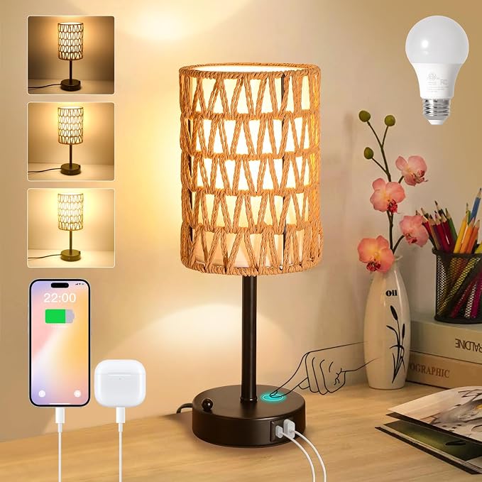 Rattan Table Lamps for Living Room, 3 Way Dimmable Touch Lamps, Small Bedside by Unknown