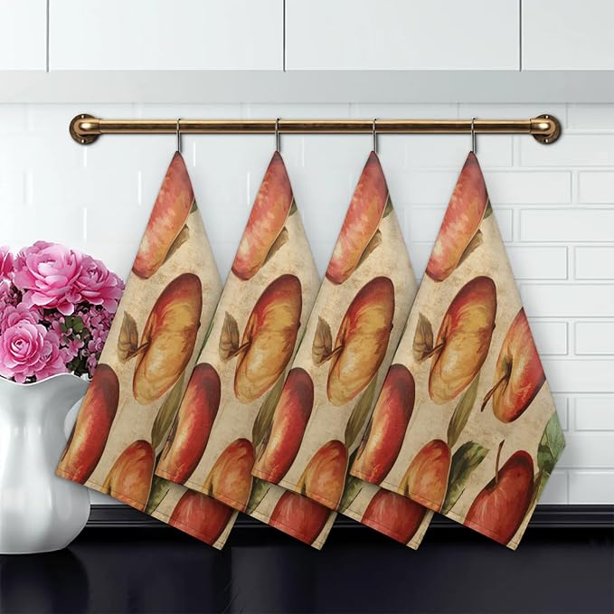 Vintage Apples Kitchen Towels Set of 2 Brown Fruits Dish Towels Bar Absorbent - Image 4