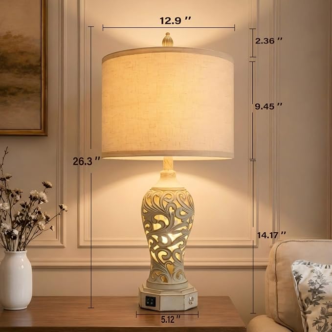 26.3’’ Dimmable Table Lamps, Hollow Out Resin Lamps | Distressed White Finish - Image 4