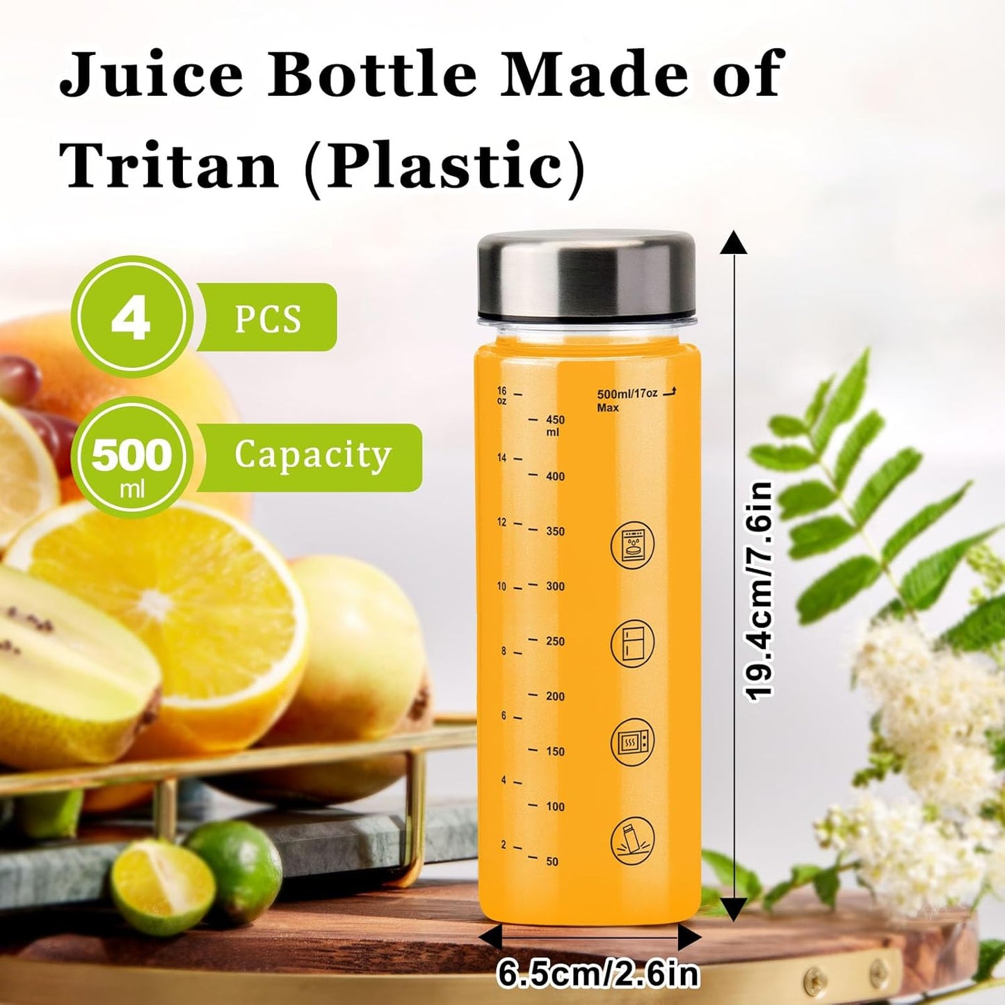 4 Pack Juice Bottles with Caps - Wide Mouth Resuable Clear Plastic Water Bottles for Juicing,Smoothie,Protein, Beverage,Storage Containers,BPA Free,Leakproof Stainless Steel Lid(16 Ounces)