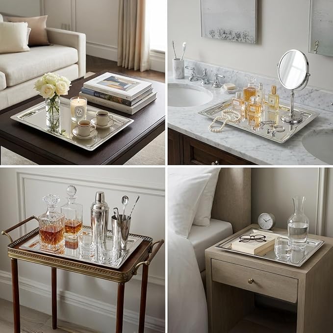 Le'raze Elegant Mirrored Rectangular Silver Tray, Vanity Set, Candle Tray - Image 7