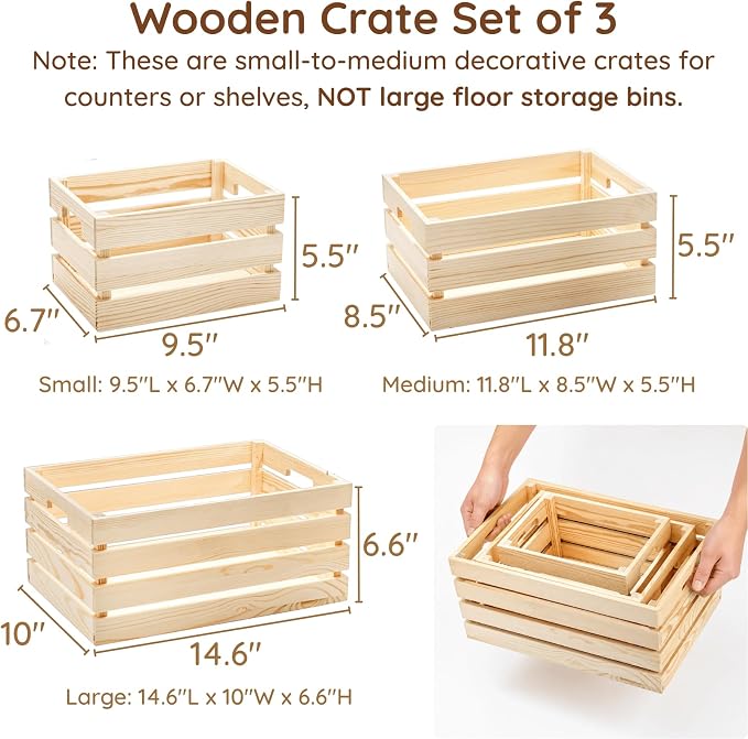 Youeon Set of 3 Small to Medium Rustic Wooden Nesting Crates - Image 2