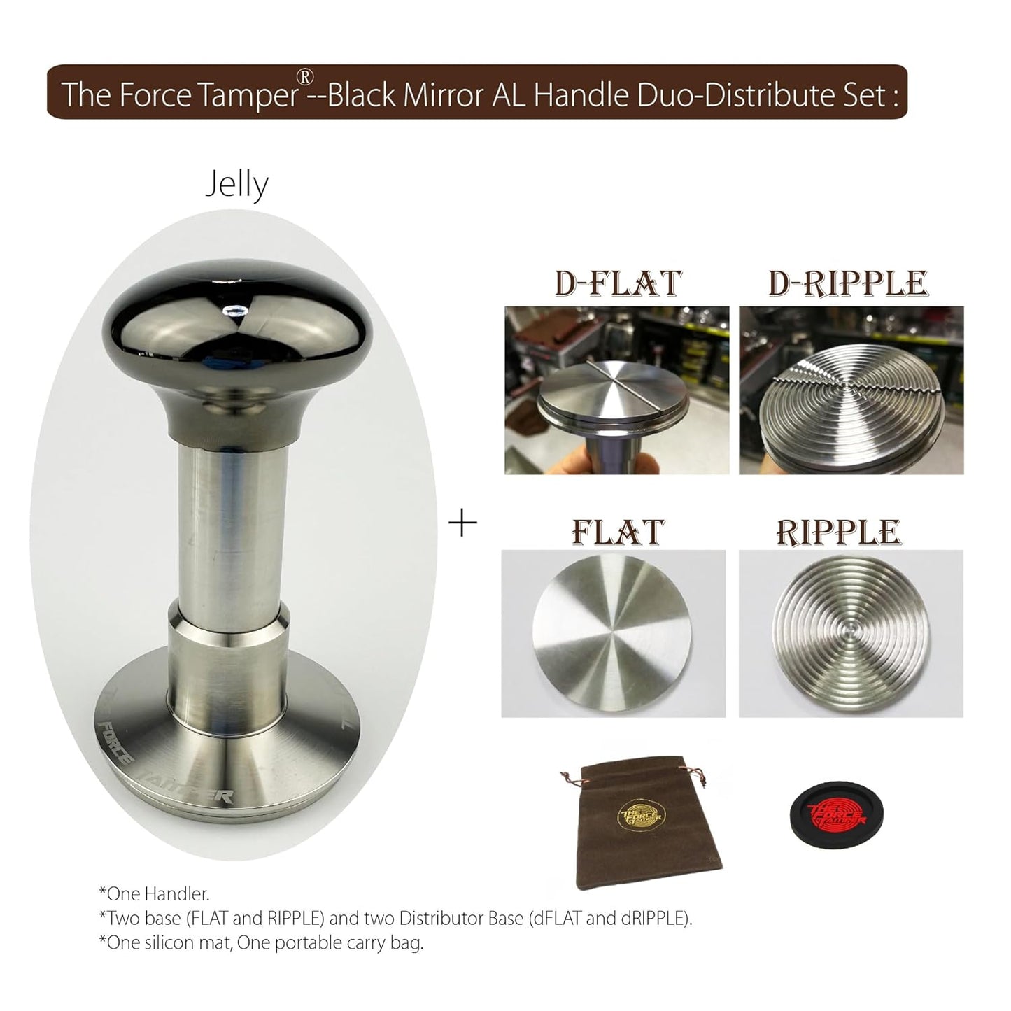 The Force Tamper Automatic Impact Adjustable Constant Pressure and Autoleveling Coffee Tamper Black Mirror Jellyfish AL Handle Set Pro (Duo-Distribute Set, 58.35mm)