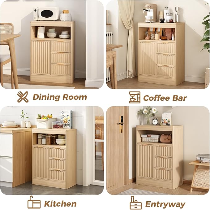 Coffee Bar Cabinet with Drawer, Fluted Buffet Sideboard Cabinet with 3 Drawers - Image 5