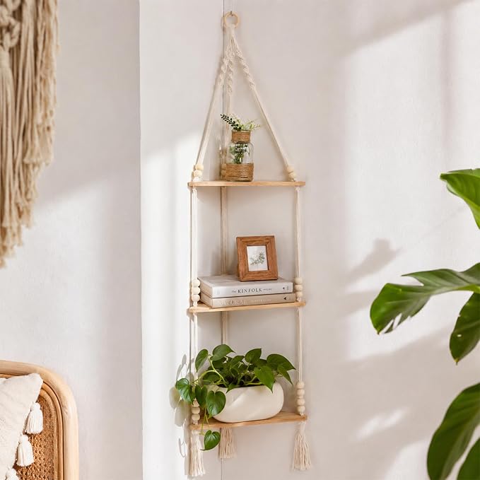 Artilady Macrame Corner Shelf Wall Hanging 3-Tier, Adjustable Boho Wood Plant by Artilady