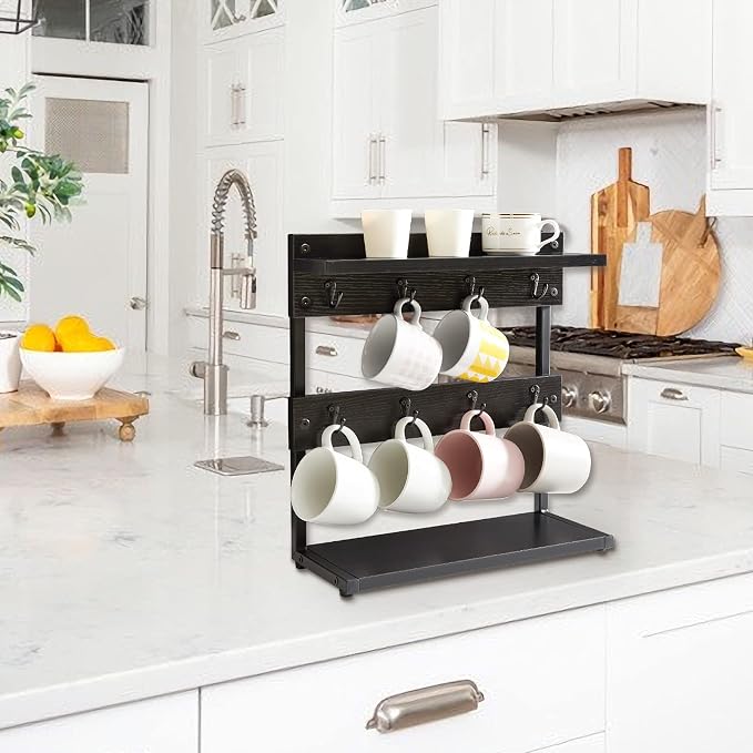 IBUYKE Rustic Coffee Mug Holder Stand, 2 Tier Countertop Mug Tree Holder Rack - Image 3