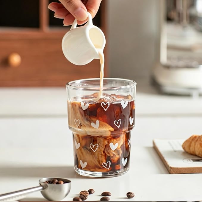 INSETLAN 13oz Heart Decal Glass Tumblers Set of 2, Thick Wall Glass Cups - Image 2