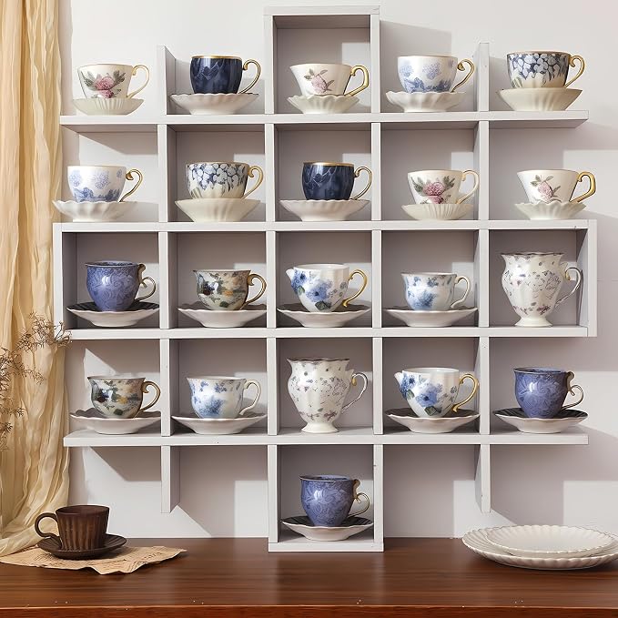 Suzile Oversize Tea Cups and Saucers Shelf Rustic Wooden Coffee Display Shelves by Suzile