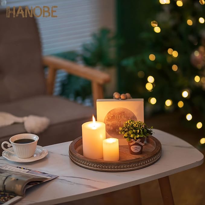 Hanobe Round Wooden Tray Decor: Decorative Candle Plate Holder Tray - Image 2