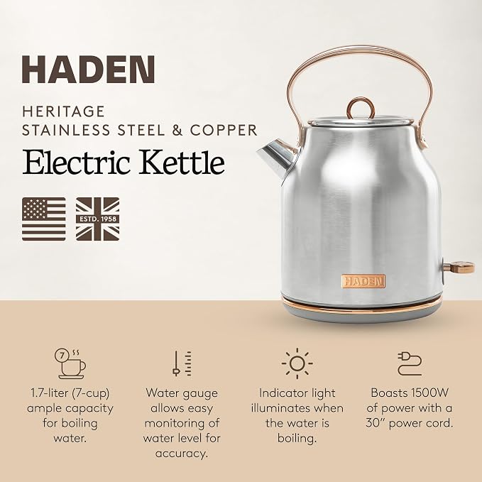 Haden Heritage 1.7 Liter Stainless Steel Electric Kettle, Hot Water Kettle - Image 2