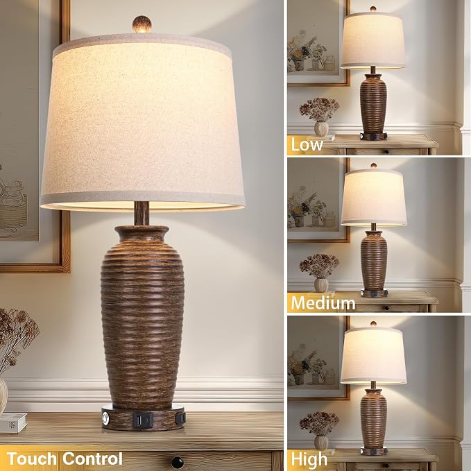 CINSARY 25" Retro Walnut Brown Farmhouse Jar Table Lamps Set of 2, 3 Way Touch - Image 7
