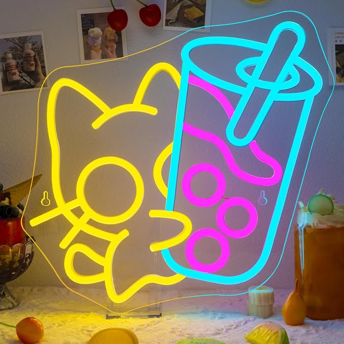 Looklight Cat Boba Tea Neon Sign Yellow Cute Kitty Bubble Tea Neon Signs by LooklightNeonSign
