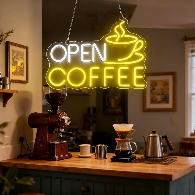 Open Coffee LED Neon Sign for Shops, Home Coffee Bar Essential, Espresso by Trescreyo