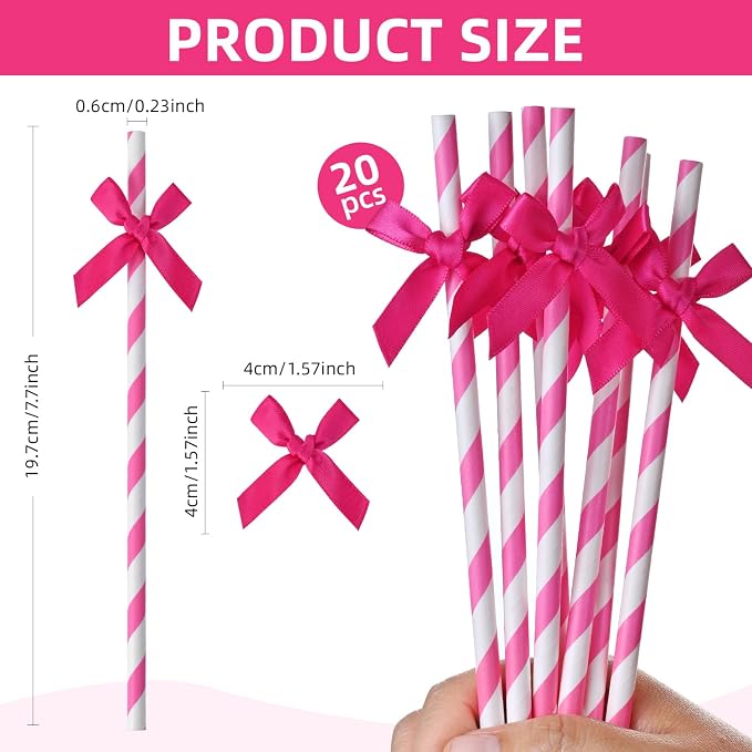 20pcs Rose Red Bow Straw, 7.7inch Biodegradable Cute Paper Cake Pops Treat - Image 2