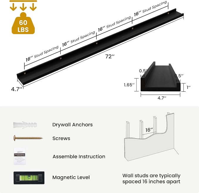 Acovy Picture Ledge Shelf, 72 inch Solid Ash Wood Floating Shelves Set of 2 - Image 3