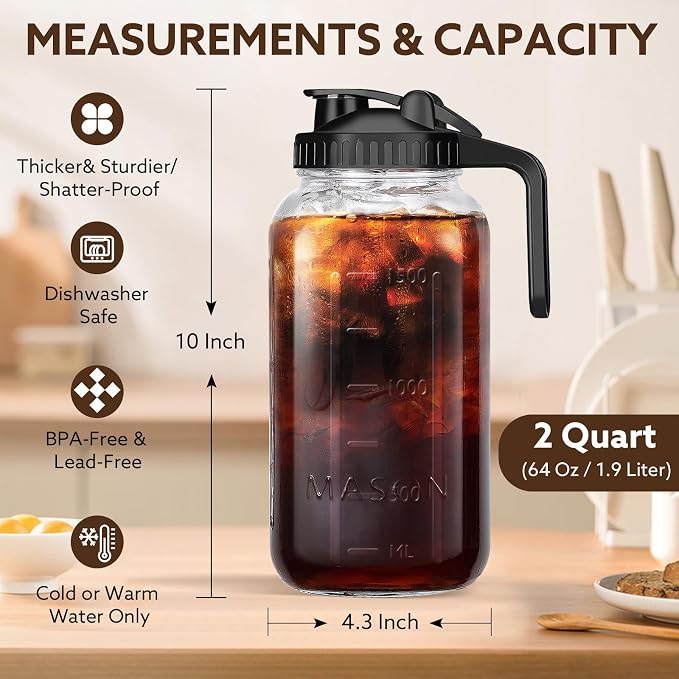 Mihlapi Glass Pitcher with Lid, 64 OZ Mason Jar Pitcher Double Leak Proof - Image 5