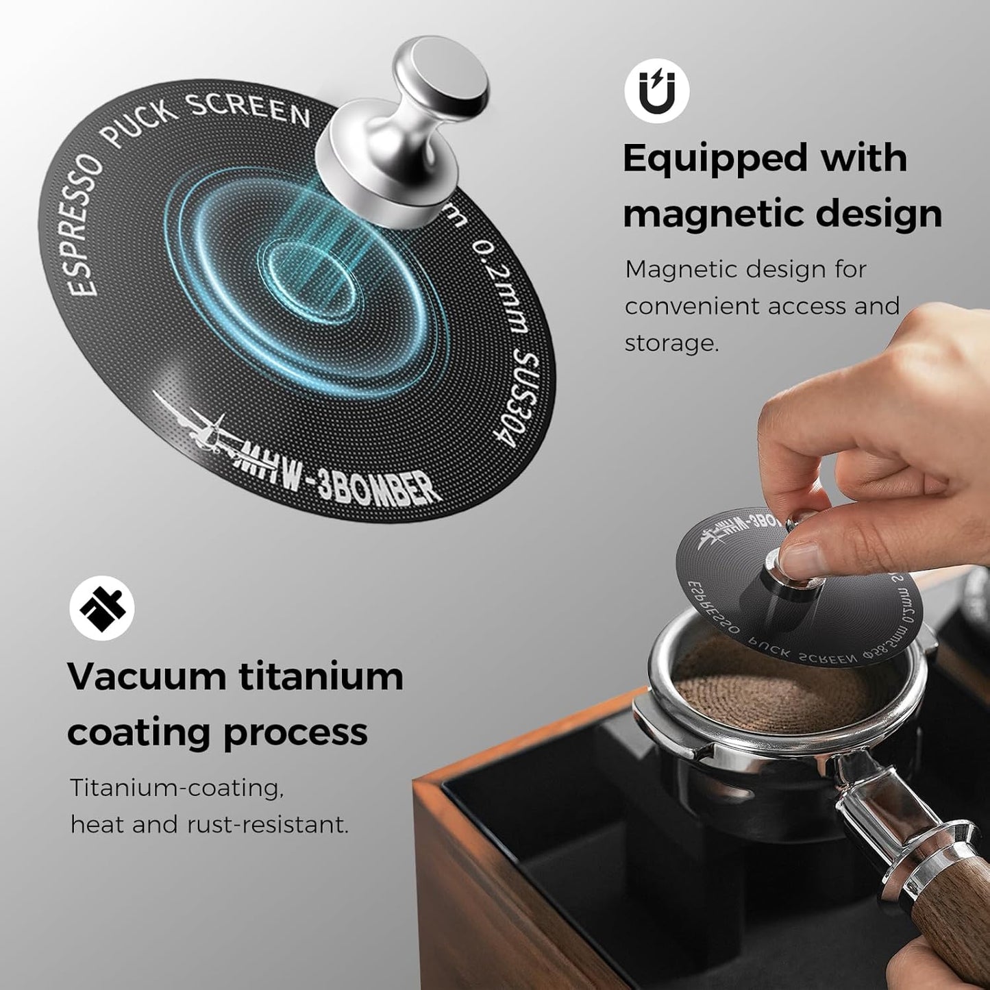 MHW-3BOMBER 58mm Espresso Puck Screen - 0.2mm Ultra Thin Espresso Puck - Metal Reusable Coffee Filter for Portafilter Basket 58mm - Puck Screen with Titanium Coating FG7046B-OS