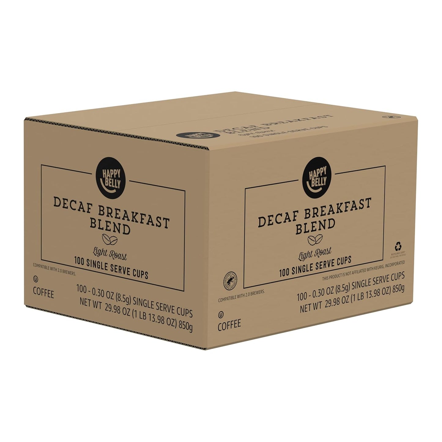 Amazon Brand - Happy Belly Decaf Light Roast Coffee Pods, Breakfast Blend, Compatible with Keurig 2.0 K-Cup Brewers, 100 Count