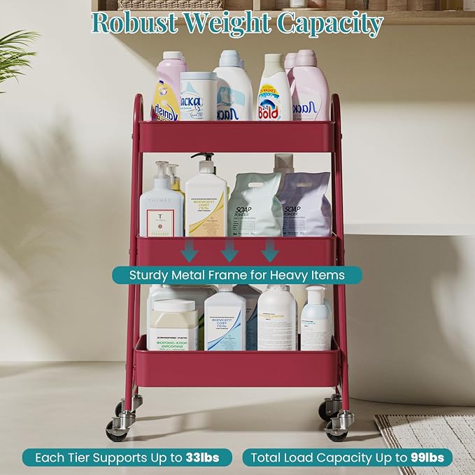OLIXIS Metal 3 Tiers Utility Rolling Cart, Mobile Storage Shelf - Image 5