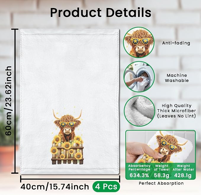 CUTHOLLOW Highland Cattle and Sunflower Decorative Kitchen Towels Set of 4 - Image 2