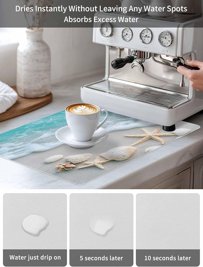 Teal Beige Coffee Mat Beach Starfish Seashell Sand Sea Waves Scenery Absorbent - Image 6
