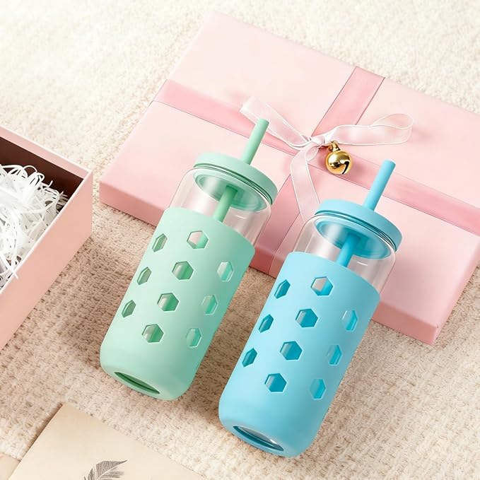Mrsdry Glass Cups with Lids and Straws, 20oz Drinking Glasses Set with Silicone - Image 3