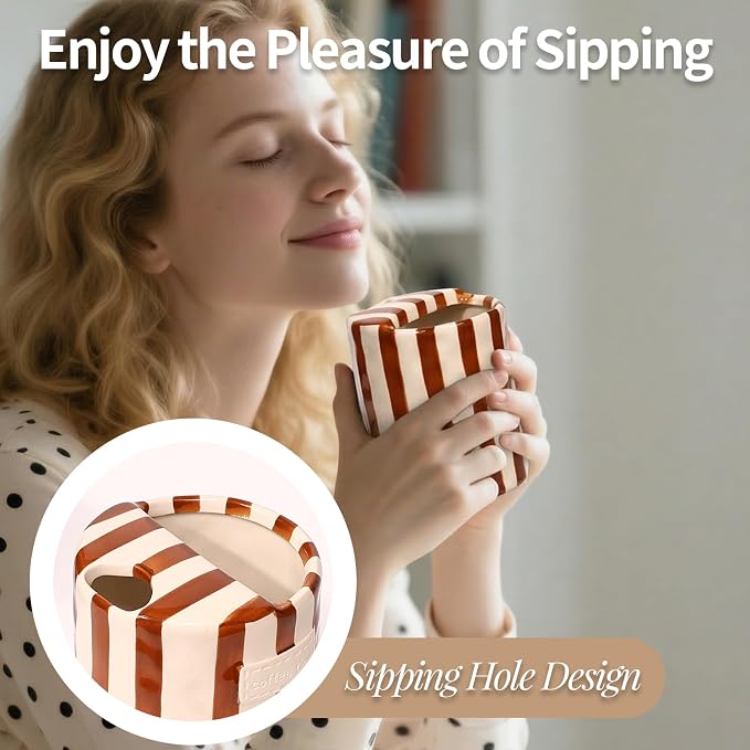 Ceramic Coffee Mug with Sip Hole - 10oz Retro Hand-Painted Striped Art Multiple - Image 2