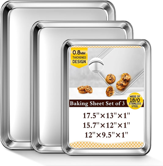 Baking Sheet Set of 3, Commercial Grade Stainless Steel Cookie Sheets for Baking, 12/16/17.5 Inch, Thicker and Firmer Baking Pans Set, Rust & Warp Resistant & Nonstick, Nontoxic&Heavy Duty&Easy Clean