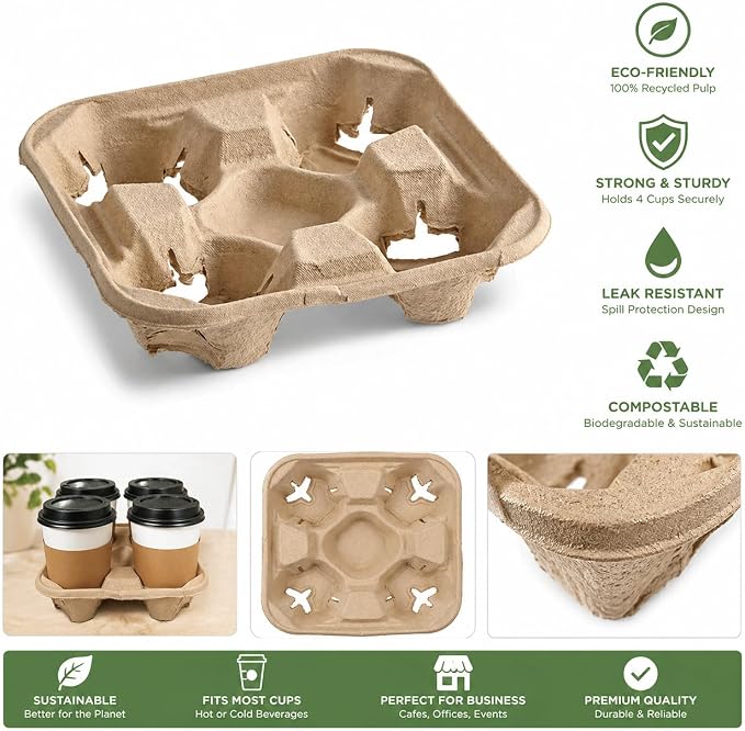 4 Cup Disposable Drink Carrier Trays, 80 Pack Compostable Cup Holders - Image 3