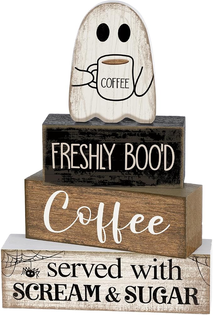 Lineshading 4 Pcs Halloween Table Decor Coffee Ghost Wooden Sign Halloween by Lineshading