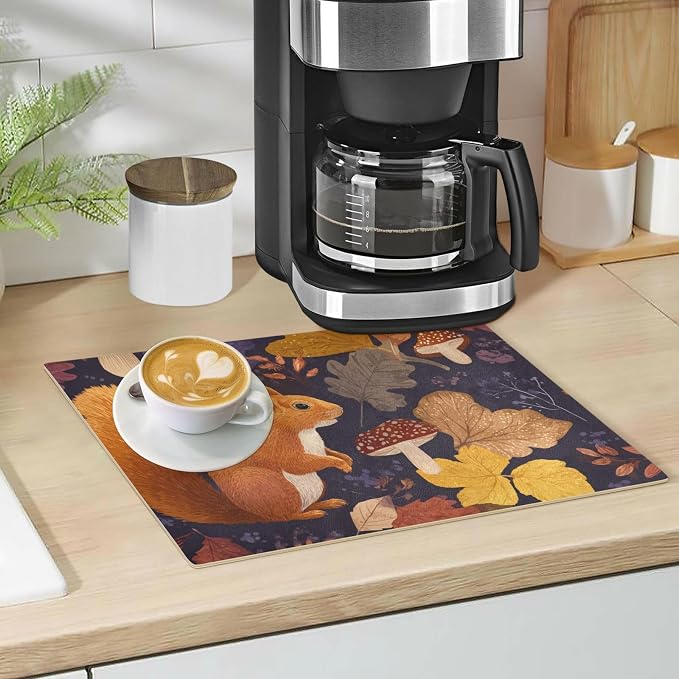 Purple Squirrels Falling Leaves Autumn Coffee Mat Coffee Bar Maker Backed - Image 5