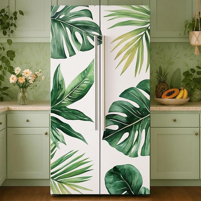 2 Pcs Tropical Leaves Pattern Removable Refrigerator Wraps, Self-Adhesive by GOMAKERER
