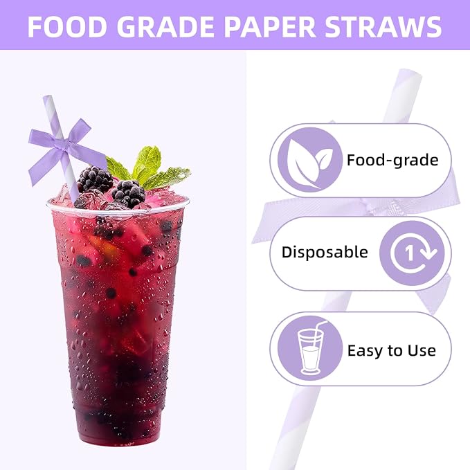 20pcs Kpop Purple Bow Straw, 7.7inch Biodegradable Cute Paper Cake Pops Treat - Image 4