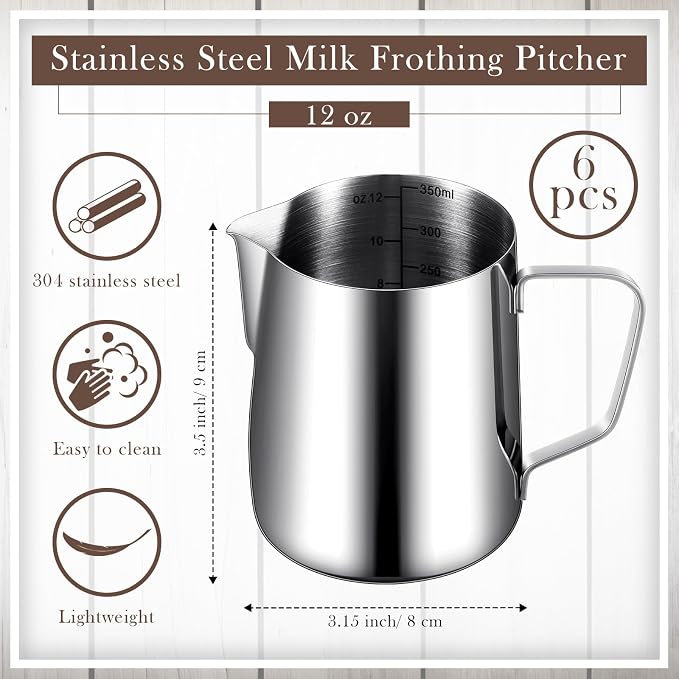 Dandat 6 Pcs Milk Frothing Pitcher Espresso Steaming Pitchers 12 Oz Stainless - Image 2