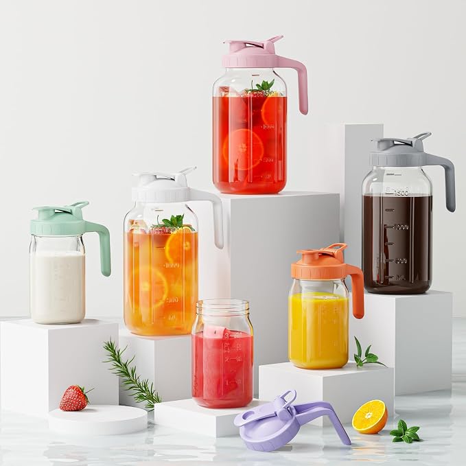 Glass Mason Jar Pitcher, 64 oz Wide Mouth Jug - Image 5