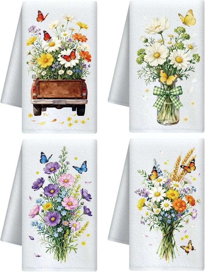 CUTHOLLOW Daisy Flowers Bouque Decorative Kitchen Towels Set of 4, by CUTHOLLOW