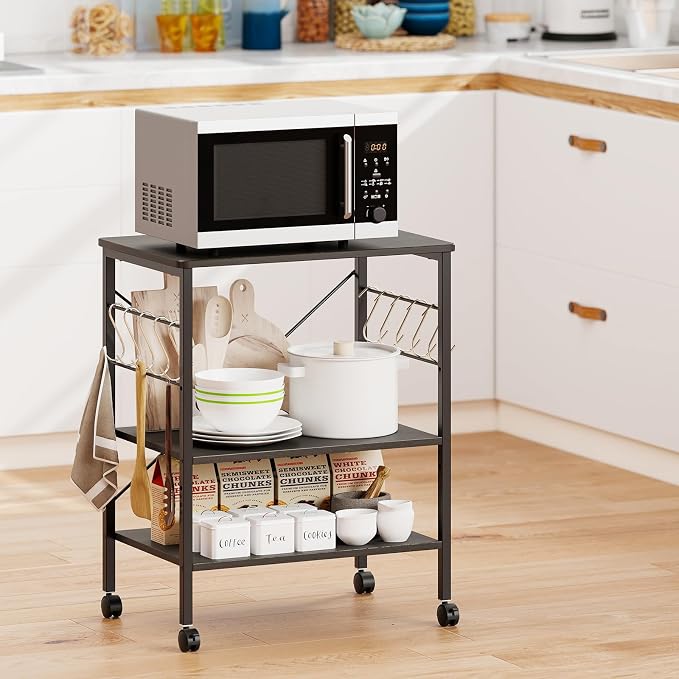 Giantex Kitchen Bakers Rack 3-Tier Microwave Cart on Wheels, Industrial Utility - Image 2