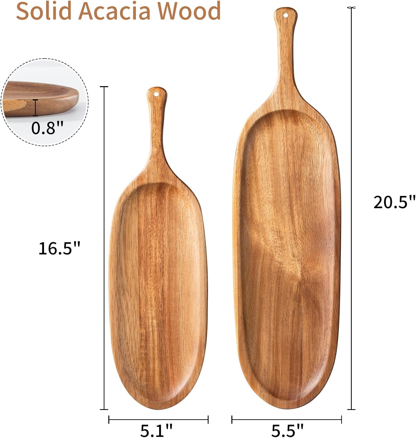 Wooden Serving Tray with Handle 2pcs Serving Plates for Meal Christmas Dinner Plates Wood Cheese Charcuterie Board for Food Meat Acacia Wood Platers for Bread Appetizer Snack(20.5" and 16.5")