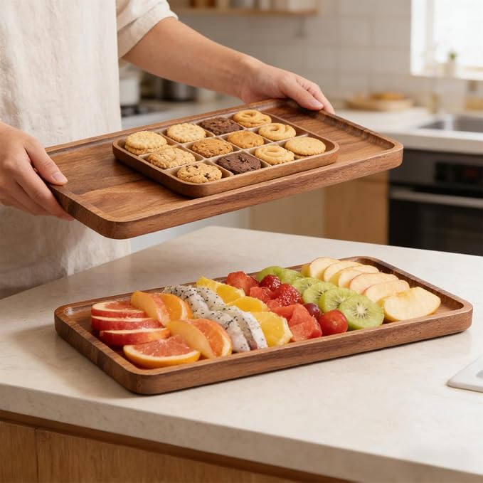 VERTORGAN 2 Pack Acacia Wood Serving Tray, 13.8x7.9 Inch Decorative Trays - Image 2