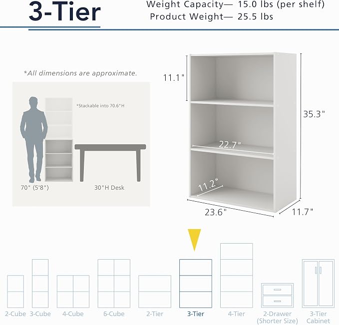 Homes: Inside + Out Apexa 3-Tier Cube Storage Organizer Shelves, Stackable Wood - Image 3