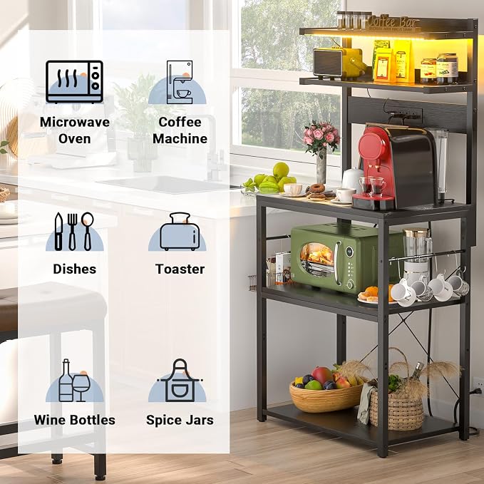 Aheaplus Bakers Rack with Power Outlet, Microwave Stand, 5 Tiers Coffee Bar - Image 6