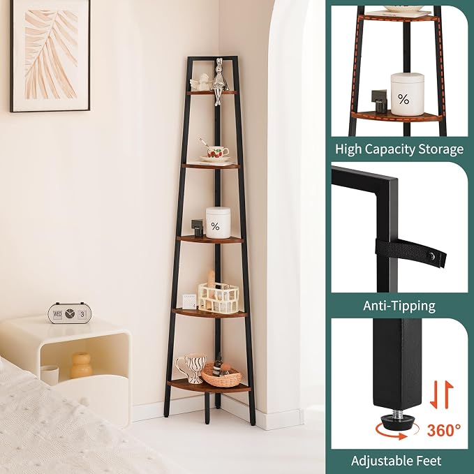 Yoobure 5‑Tier Corner Shelf – Sturdy Metal Frame & Wood Ladder Bookshelf - Image 5