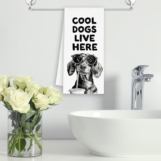 Funny Dog Dachshund Kitchen Towels, Cool Dogs Live Here Dish Towel Gifts - Image 7