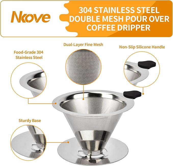 NKOVE Pour Over Coffee Dripper Stainless Steel Reusable Filter Paperless Cone - Image 4
