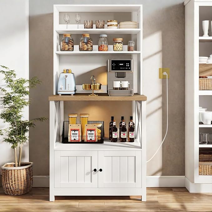 DWVO White Baker Rack with Power Outlet and Storage, Farmhouse Microwave Stand - Image 7